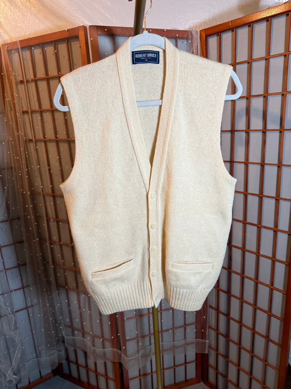 Vintage Robert Bruce Cardigan Vest Sweater Men's Medium Cream Knit Preppy
